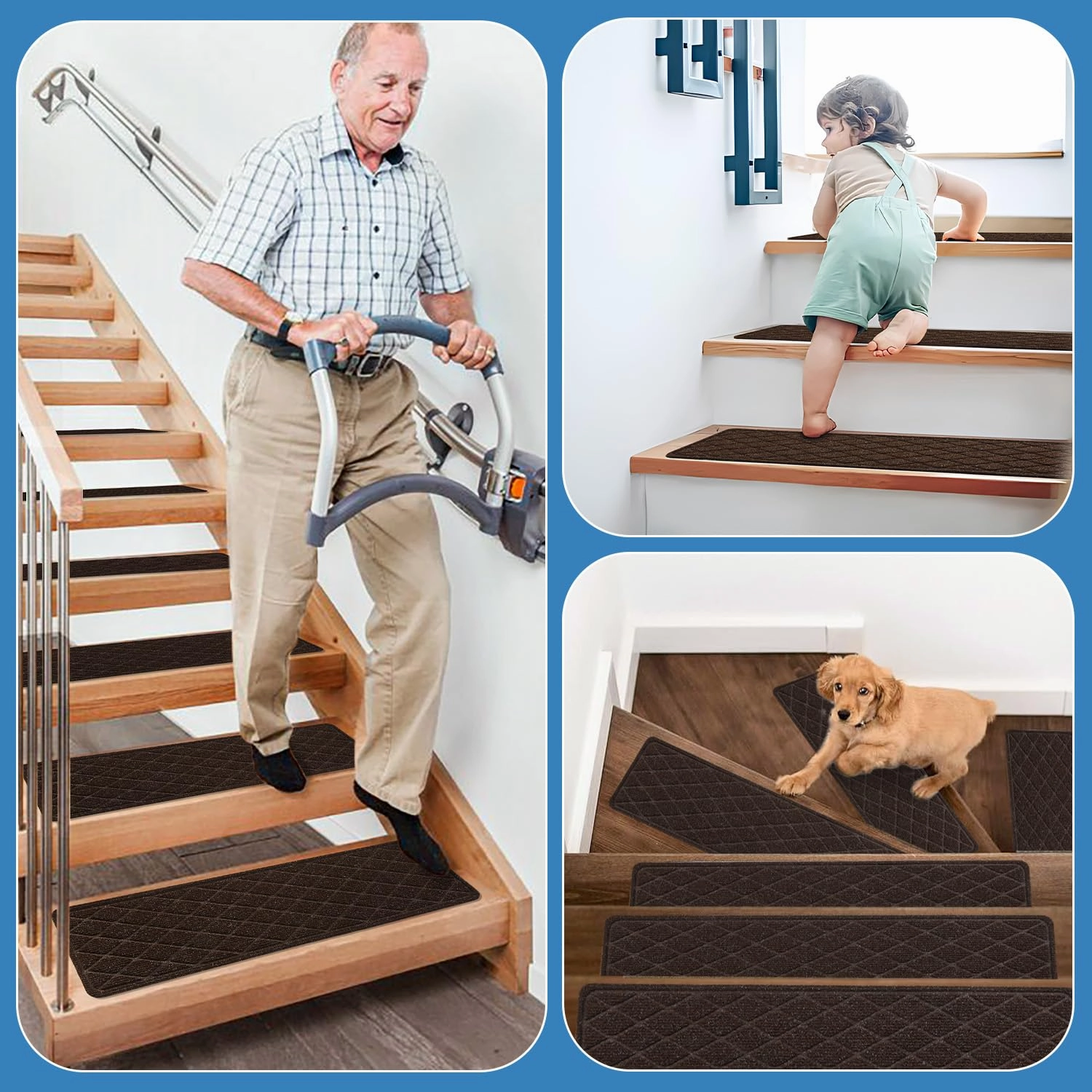 Non Slip Stair Treads for Wooden Steps,15 Pack 8" X 30" Stairs Carpet Treads Indoor with Reusable Peel and Stick Adhesive for Kids Elders and Pets,Polyester TPR Backing