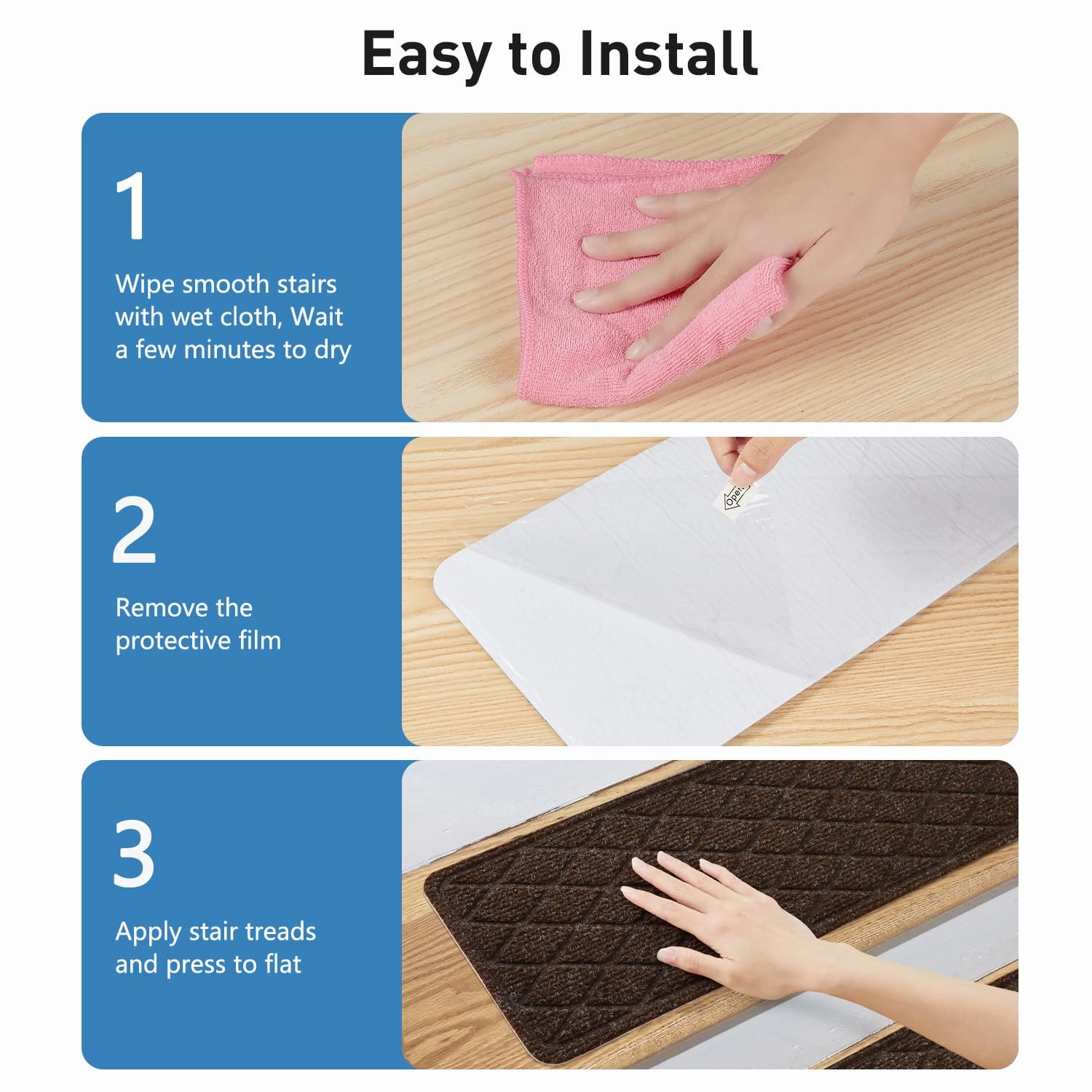 Non Slip Stair Treads for Wooden Steps,15 Pack 8" X 30" Stairs Carpet Treads Indoor with Reusable Peel and Stick Adhesive for Kids Elders and Pets,Polyester TPR Backing