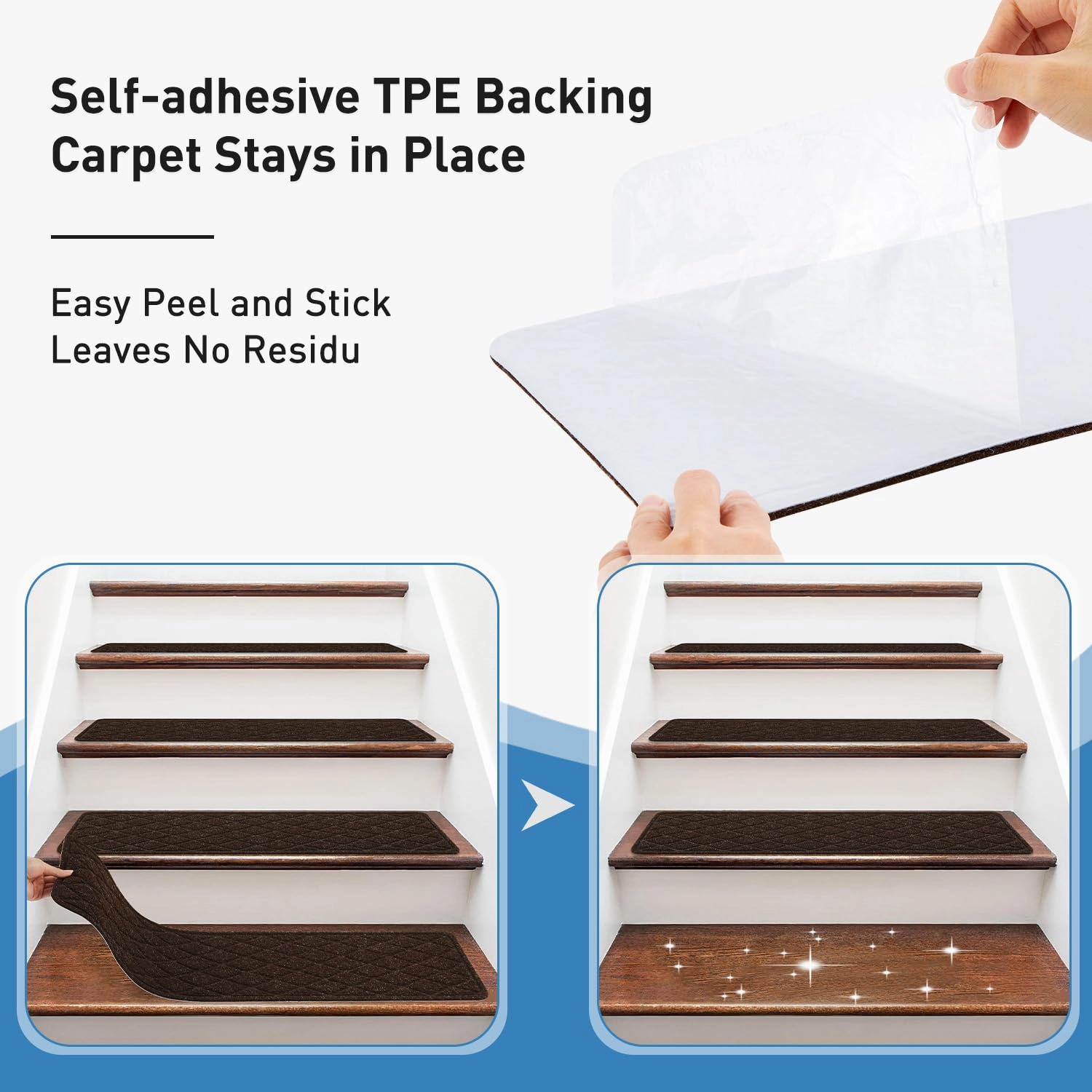 Non Slip Stair Treads for Wooden Steps,15 Pack 8" X 30" Stairs Carpet Treads Indoor with Reusable Peel and Stick Adhesive for Kids Elders and Pets,Polyester TPR Backing