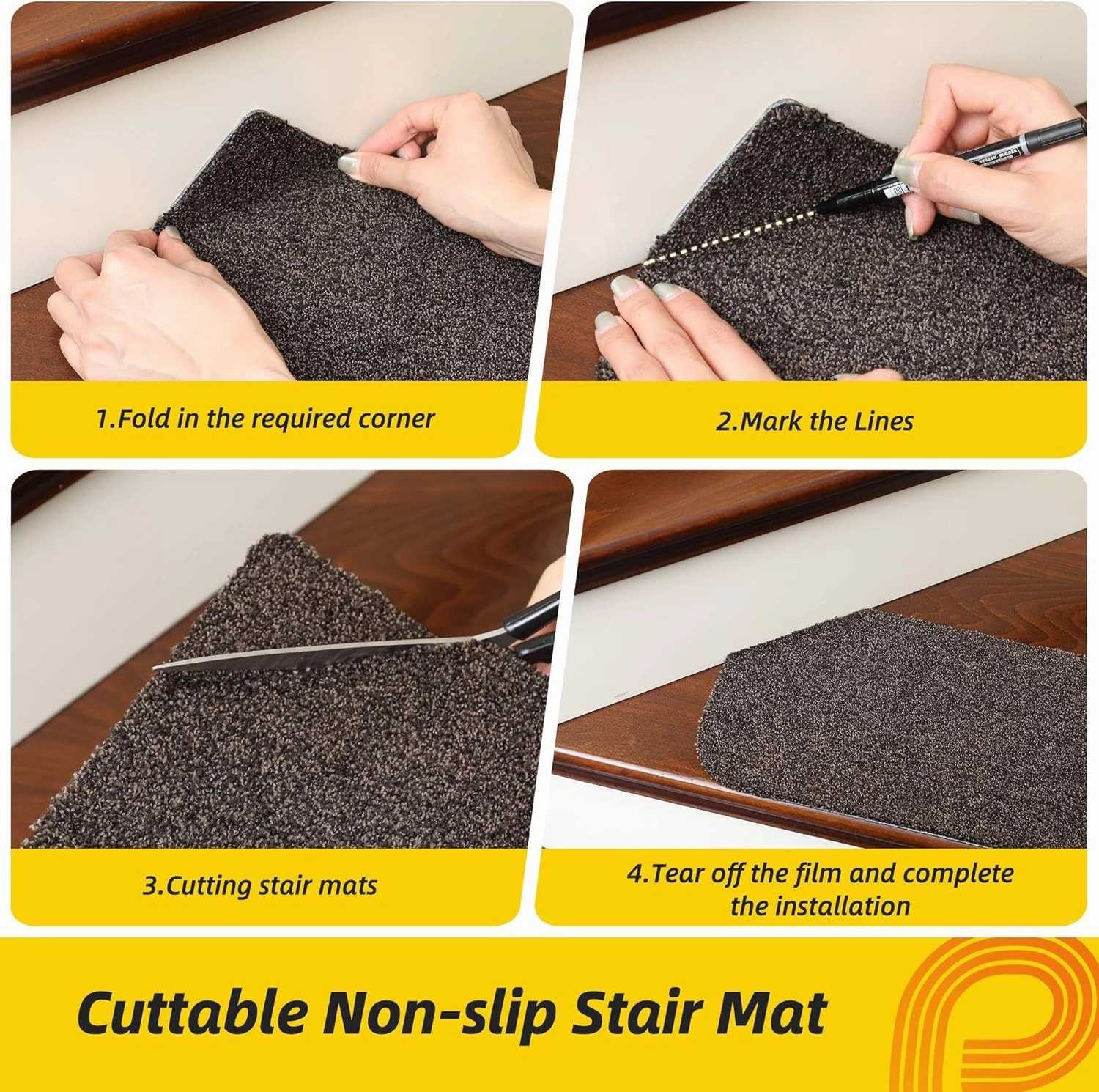 Non-Slip Stair Treads for Wooden Steps Indoor, 4 Pack 9" X 28" Stair Carpet Mats with TPE Backing for Kids Elders and Dogs, 0.3" Thick 100% Polyester Soft Stair Runner Rug, Brown