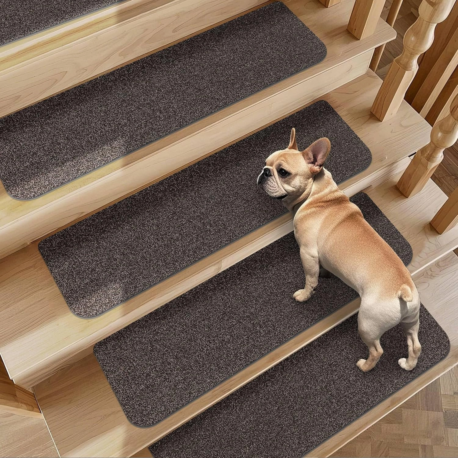 Non-Slip Stair Treads for Wooden Steps Indoor, 4 Pack 9" X 28" Stair Carpet Mats with TPE Backing for Kids Elders and Dogs, 0.3" Thick 100% Polyester Soft Stair Runner Rug, Brown