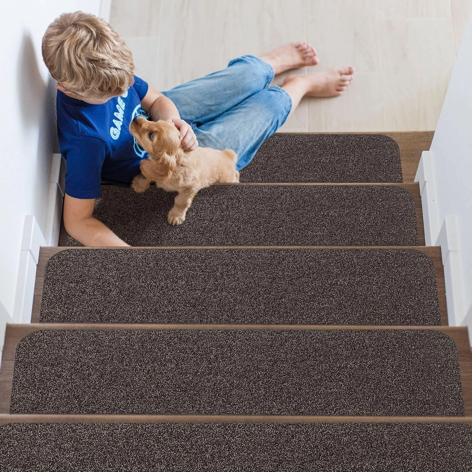 Non-Slip Stair Treads for Wooden Steps Indoor, 4 Pack 9" X 28" Stair Carpet Mats with TPE Backing for Kids Elders and Dogs, 0.3" Thick 100% Polyester Soft Stair Runner Rug, Brown