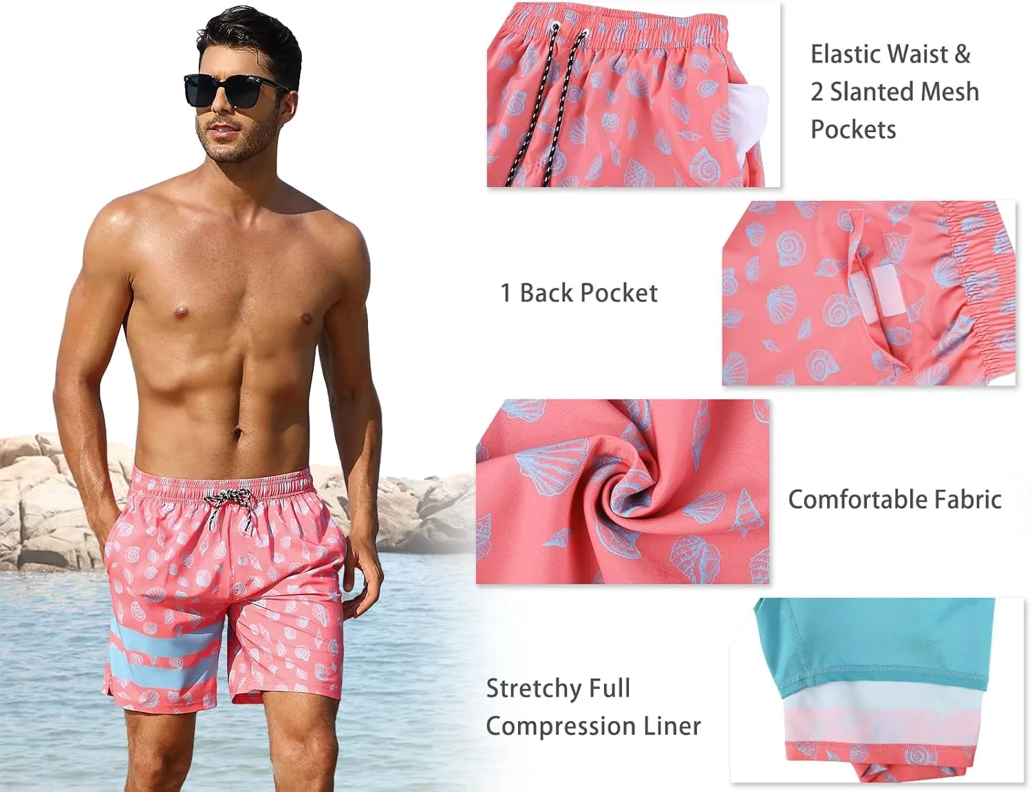 Nonwe Mens Swim Trunks with Compression Liner Quick Dry Summer Board Shorts Swimwear