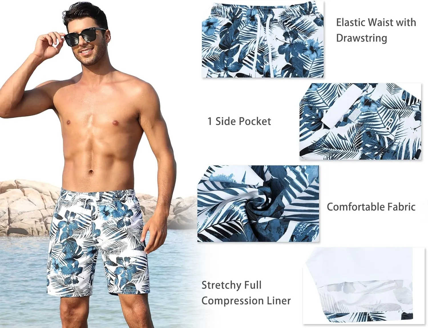 Nonwe Men's Swim Trunks with Compression Liner Quick Dry Water Sport Surf Beach Shorts with Pocket