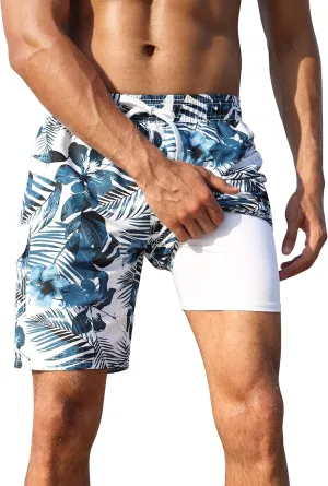 Nonwe Men's Swim Trunks with Compression Liner Quick Dry Water Sport Surf Beach Shorts with Pocket