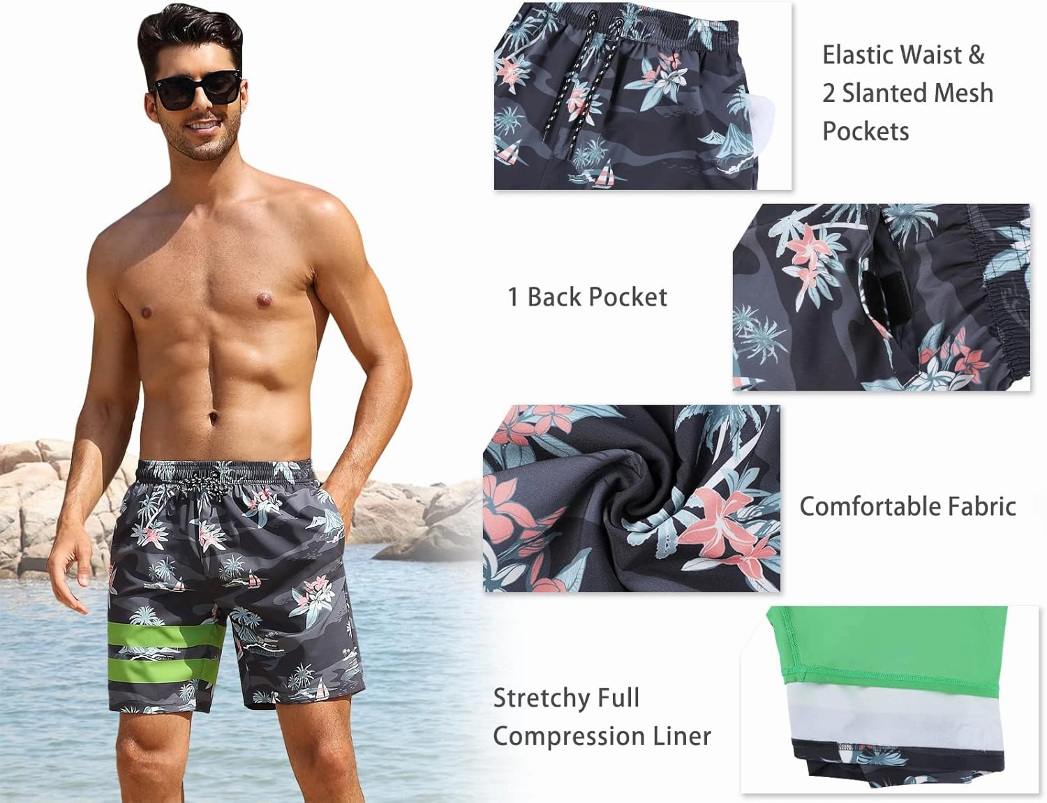 Nonwe Mens Swim Trunks with Compression Liner Quick Dry Summer Board Shorts Swimwear