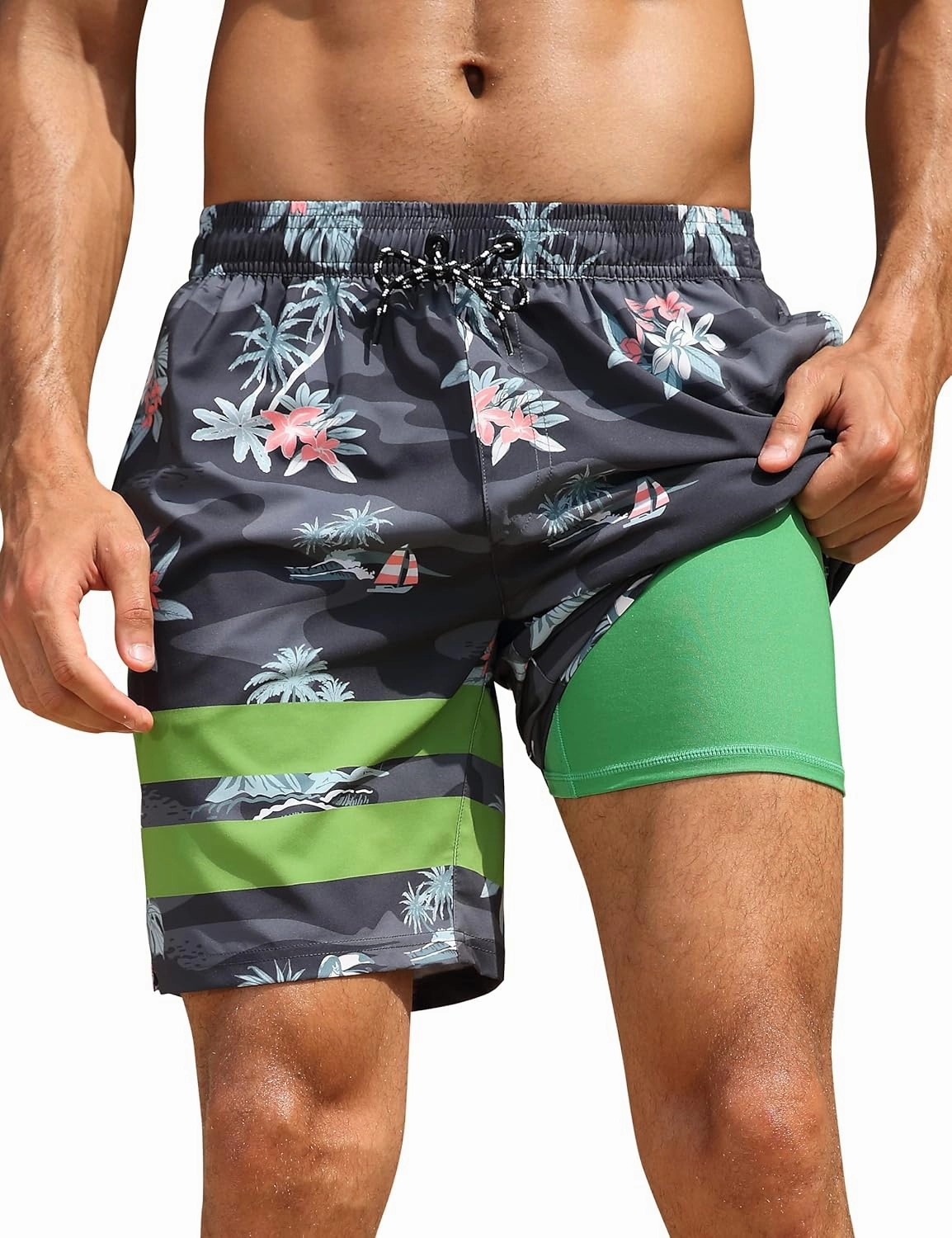 Nonwe Mens Swim Trunks with Compression Liner Quick Dry Summer Board Shorts Swimwear