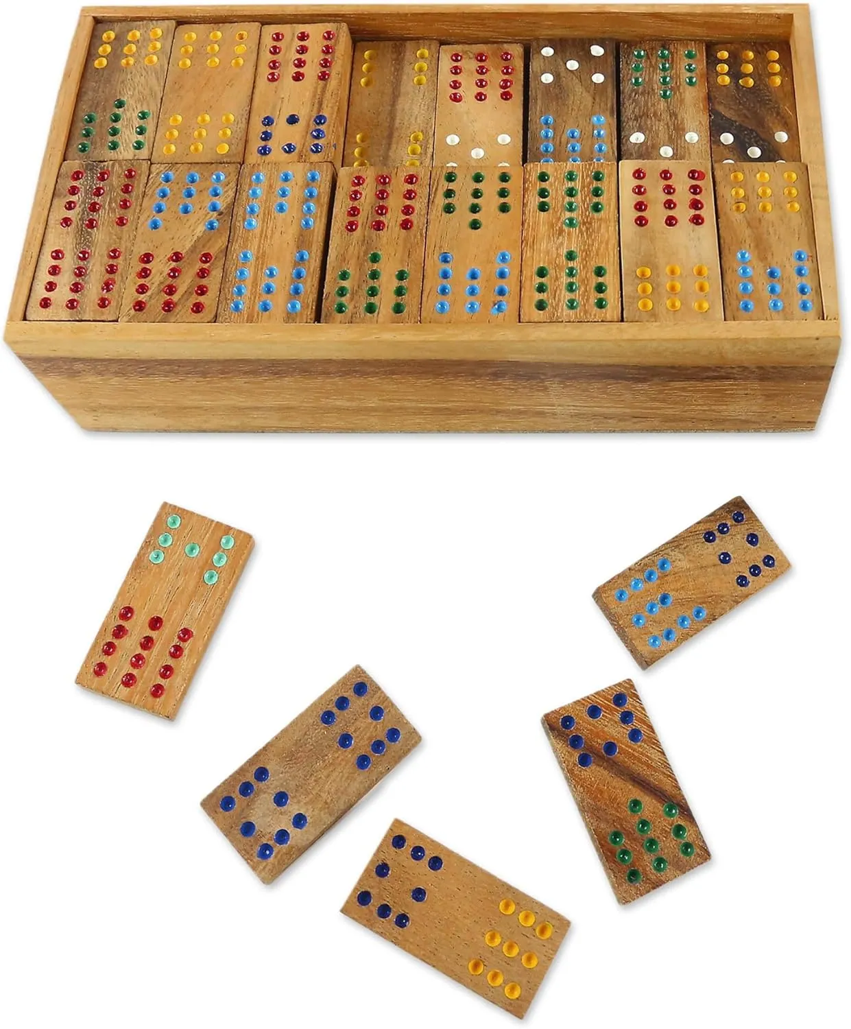 NOVICA Hand Made Rain Tree Wood Double Twelve Domino Set, 'Colorful Dominoes'