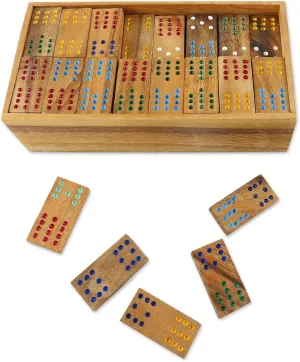 NOVICA Hand Made Rain Tree Wood Double Twelve Domino Set, 'Colorful Dominoes'