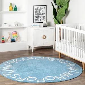 nuLOOM Kids Washable Round Alphabet Rug, 4' Round, Light Blue