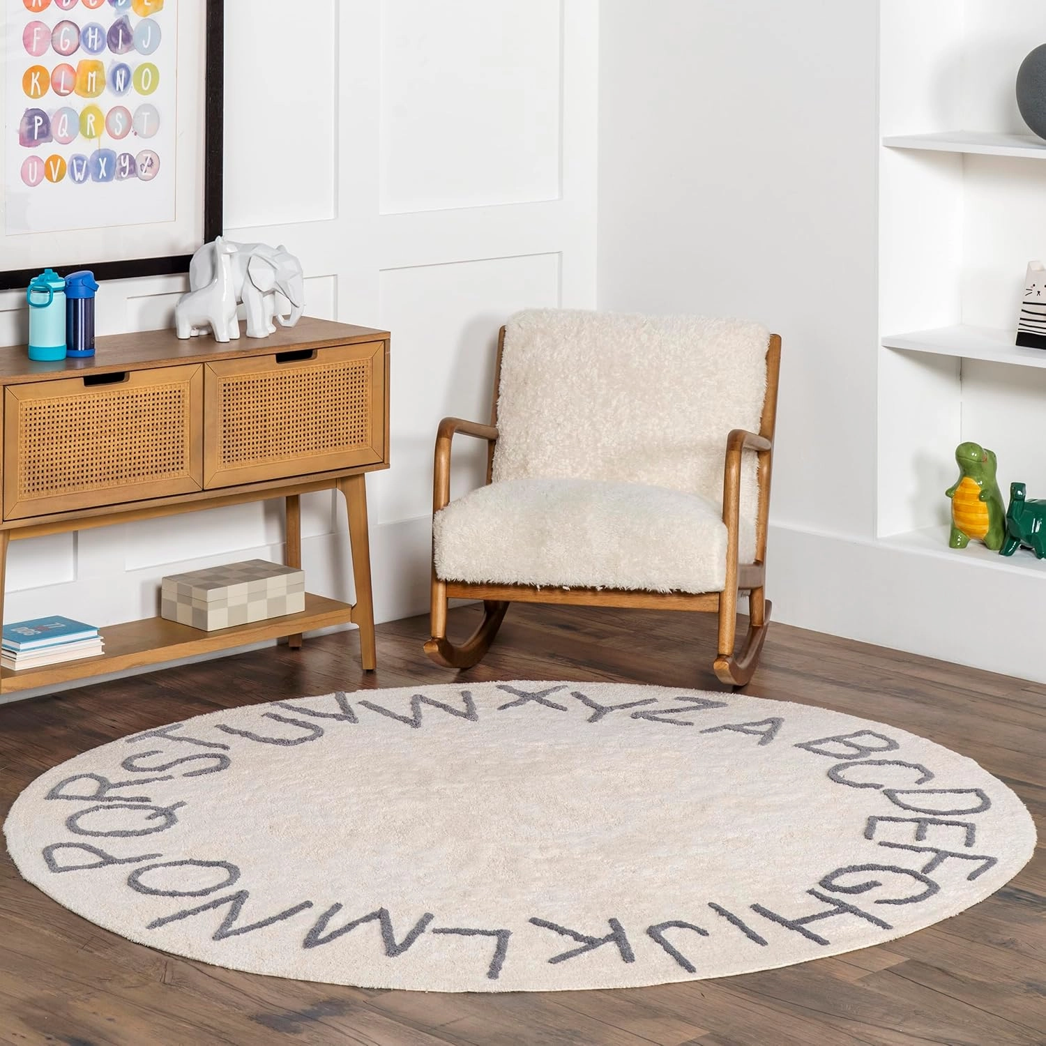 nuLOOM Kids Washable Round Alphabet Rug, 4' Round, Grey
