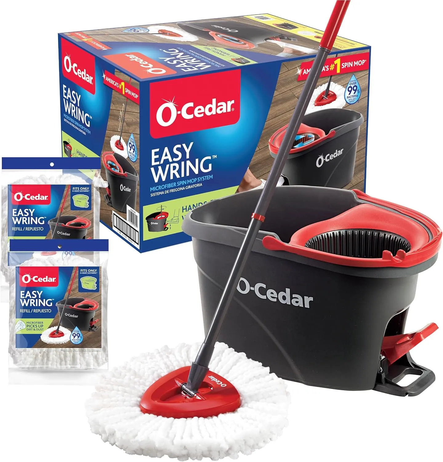 O-Cedar EasyWring Microfiber Spin Mop & Bucket Floor Cleaning System   2 Extra Refills, Red/Gray