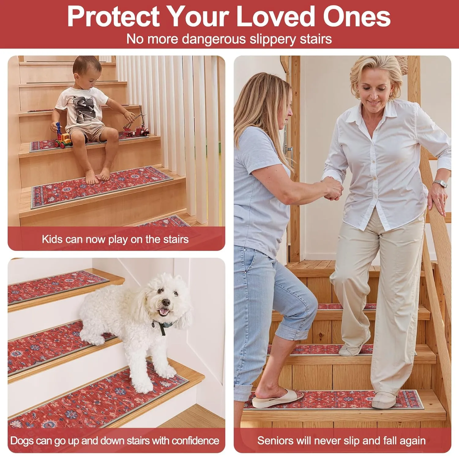 OJIA Soft Stair Treads Non-Slip Carpet Stair Treads 15 Pack 30"x8" Stair Runners for Wooden Steps Indoor, Rubber Backing Stair Rugs for Kids and Dogs, Residue Free Carpet Treads for Wood Stairs
