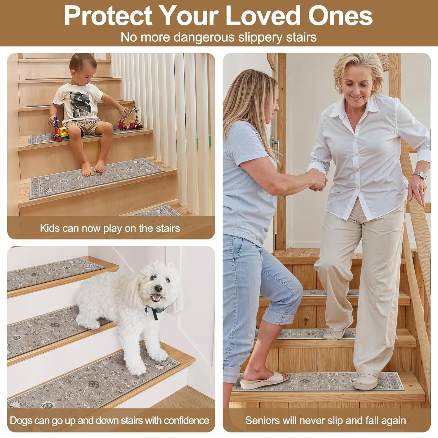 OJIA Stair Treads Carpet for Wooden Steps Stair Treads Non Slip Rubber Backing Soft Stairs Runner 15 Pack 30"x8" Safety Stair Rugs for Kids Elders and Pets 100% Polyester Stair Mats