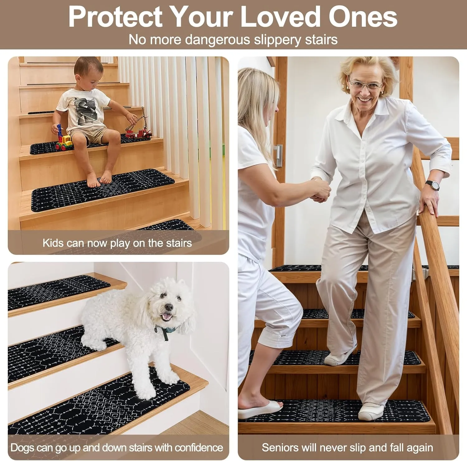OJIA Stair Treads Non-Slip Landing Mat Indoor Stair Runners for Wooden Steps, Slip Resistant Stair Carpet Treads for Kids and Dogs, Rubber Backing Stair Rugs Mats 32"x32" Corner Square Matching Mat