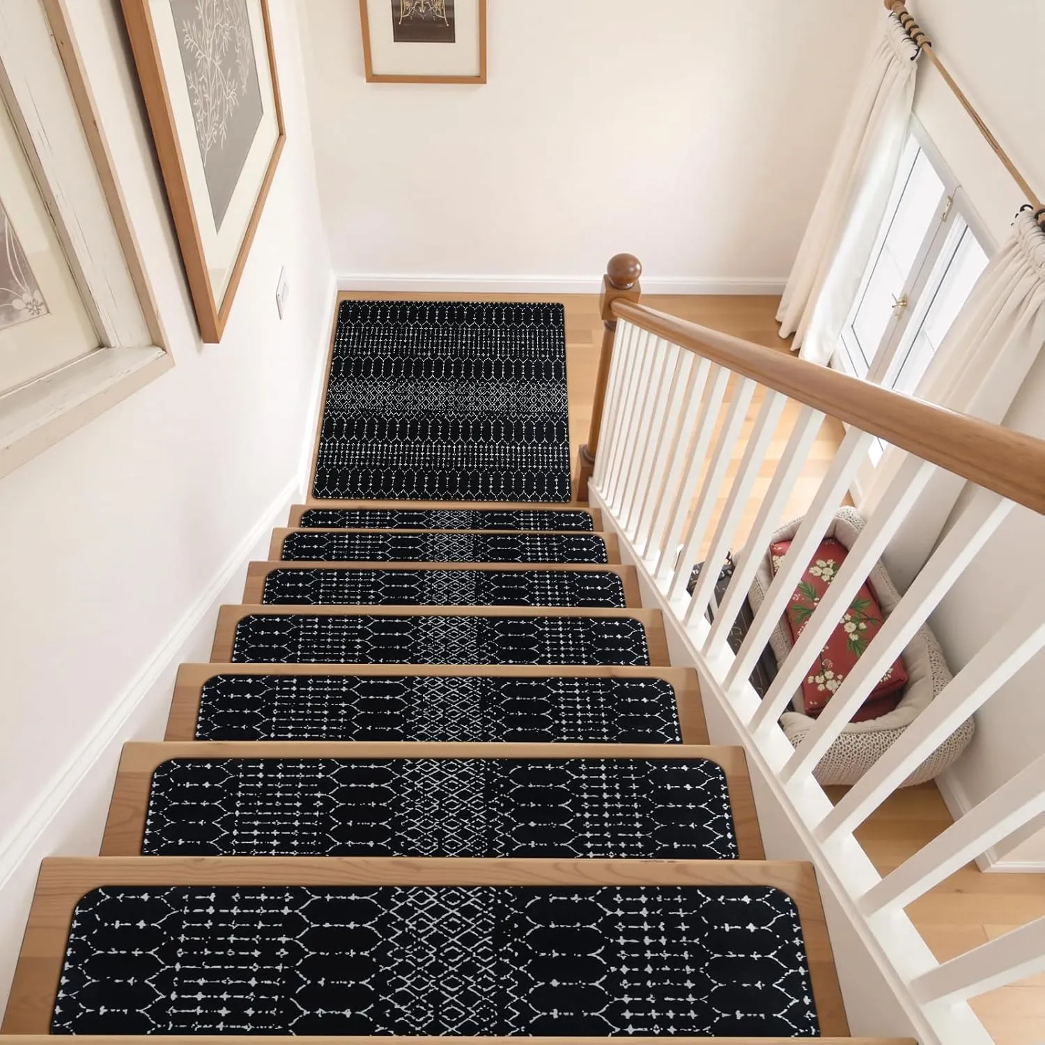 OJIA Stair Treads Non-Slip Landing Mat Indoor Stair Runners for Wooden Steps, Slip Resistant Stair Carpet Treads for Kids and Dogs, Rubber Backing Stair Rugs Mats 32"x32" Corner Square Matching Mat