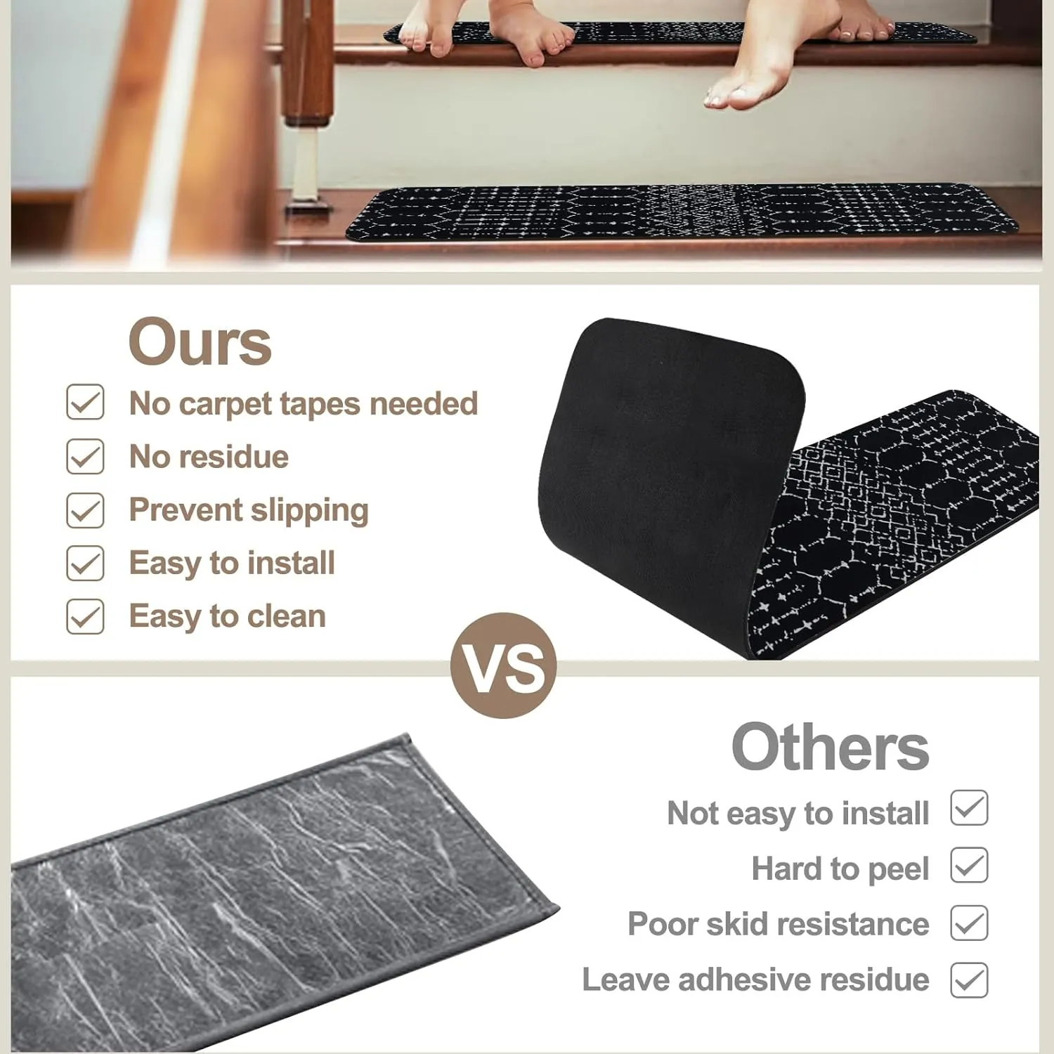 OJIA Stair Treads Non-Slip Landing Mat Indoor Stair Runners for Wooden Steps, Slip Resistant Stair Carpet Treads for Kids and Dogs, Rubber Backing Stair Rugs Mats 32"x32" Corner Square Matching Mat