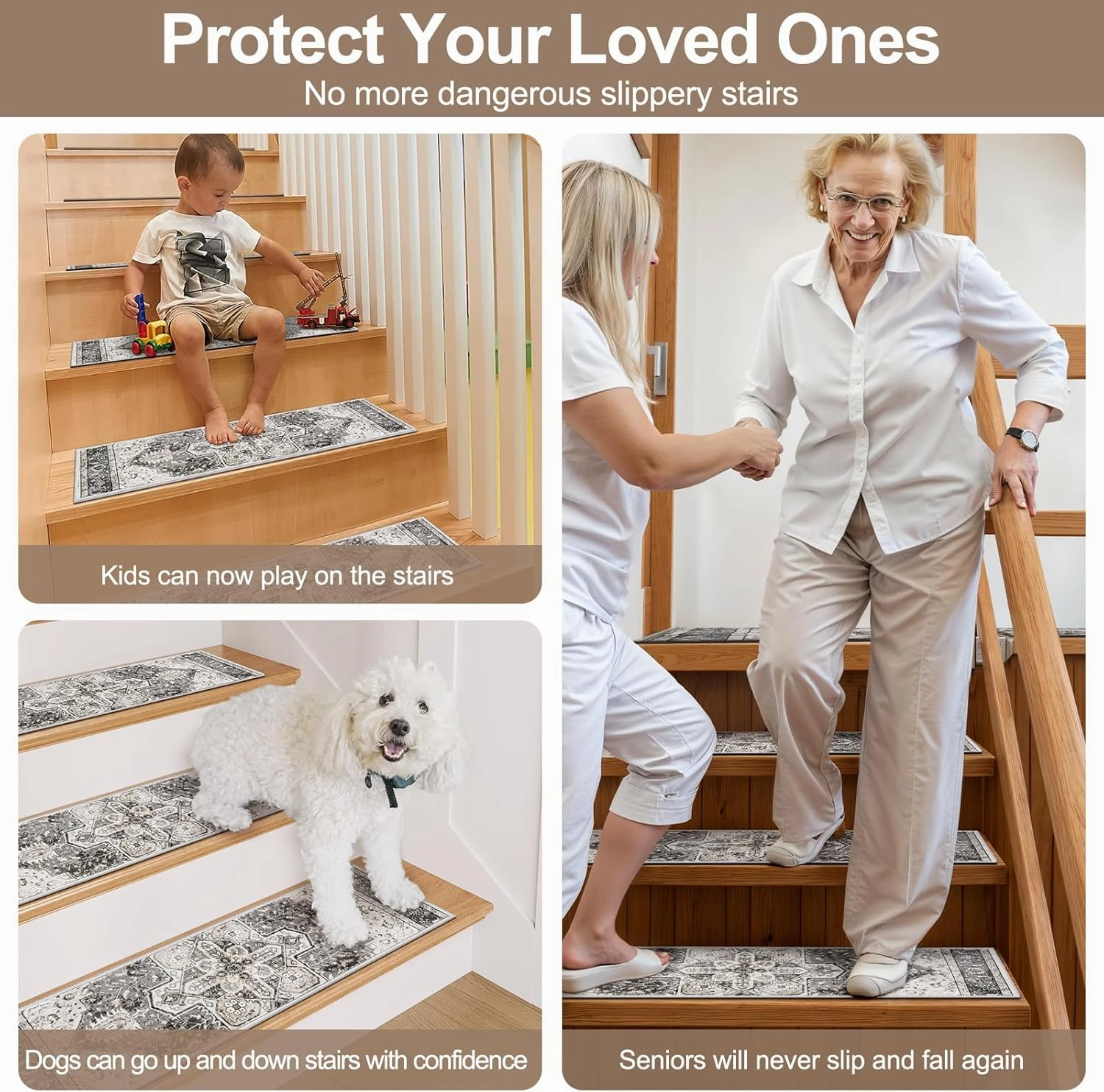 OJIA Stair Treads Carpet for Wooden Steps Non-Slip Landing Mat Stair Rug with Rubber Backing, Soft Stair Runner Safety Rugs for Family, Absorbent Washable 31x31 inch Carpet for Stairs