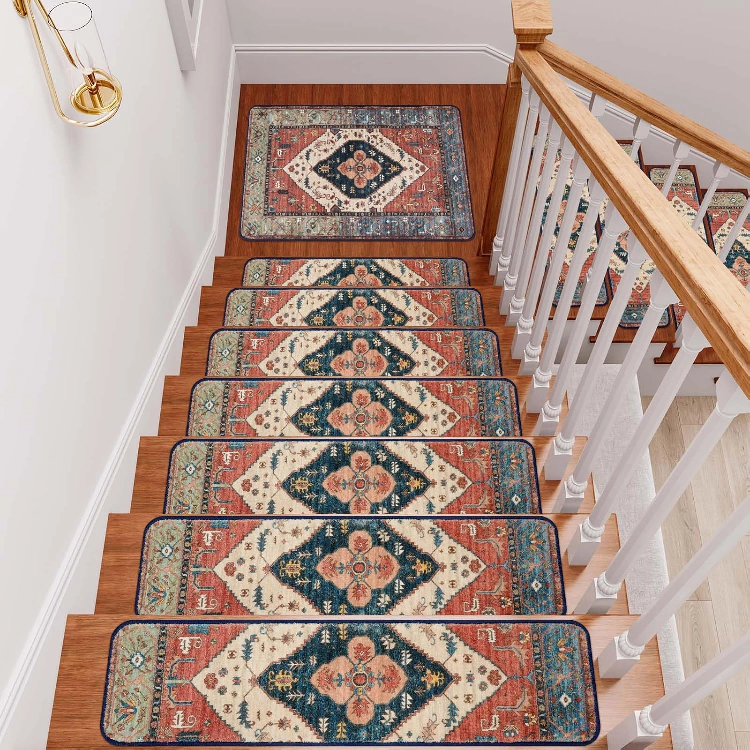 OJIA Stair Treads Non-Slip Landing Mat Indoor Stair Runners for Wooden Steps, Slip Resistant Stair Carpet Treads for Kids and Dogs, Rubber Backing Stair Rugs Mats 20"x32" Corner Square Matching Mat