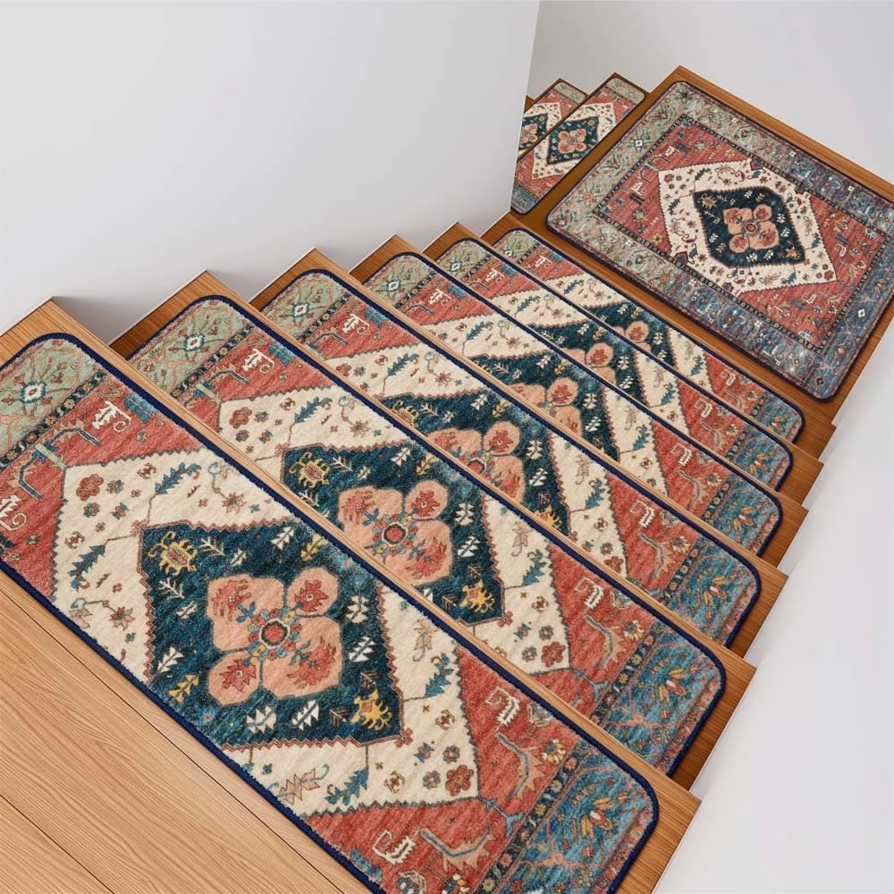 OJIA Stair Treads Non-Slip Landing Mat Indoor Stair Runners for Wooden Steps, Slip Resistant Stair Carpet Treads for Kids and Dogs, Rubber Backing Stair Rugs Mats 20"x32" Corner Square Matching Mat