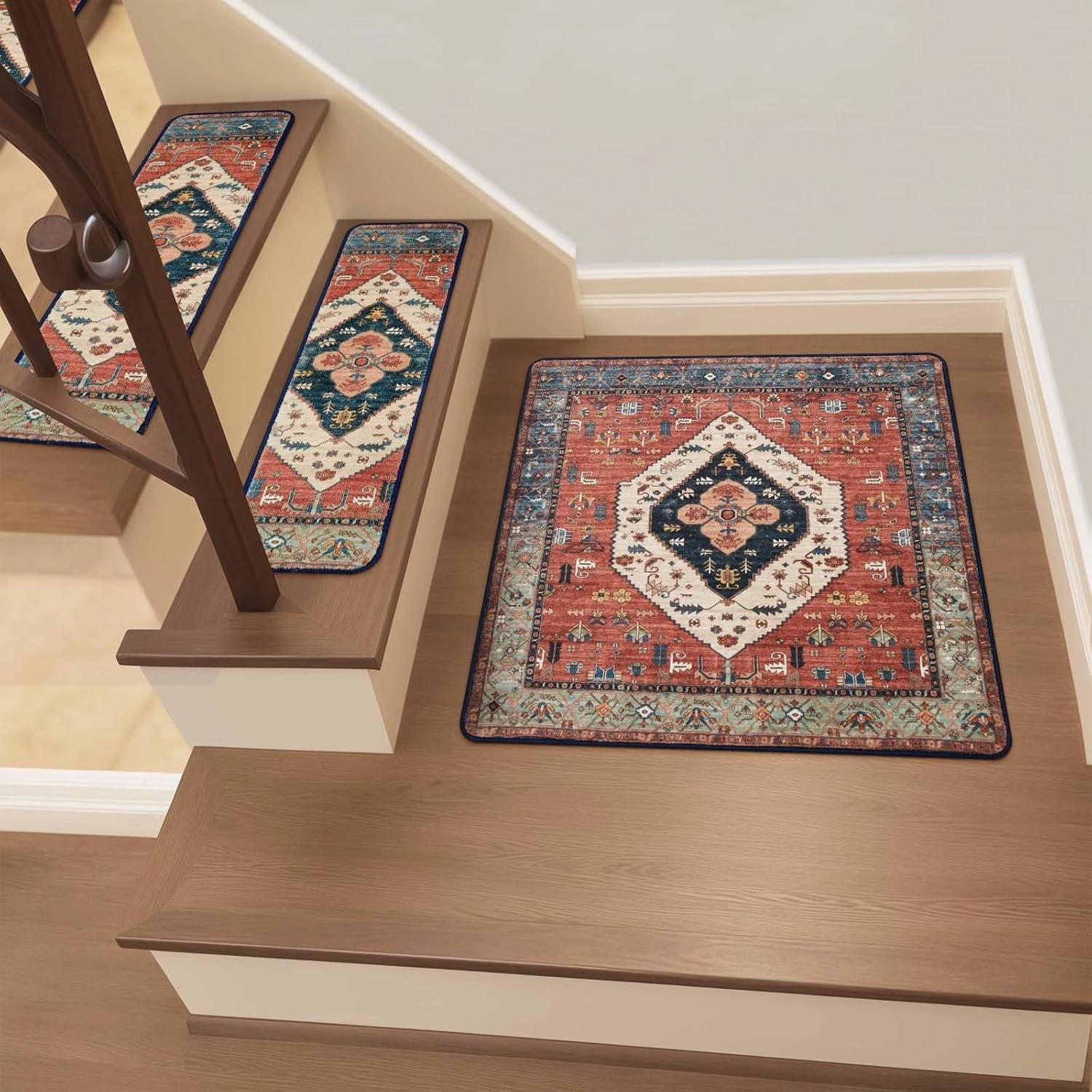 OJIA Stair Treads Non-Slip Landing Mat Indoor Stair Runners for Wooden Steps, Slip Resistant Stair Carpet Treads for Kids and Dogs, Rubber Backing Stair Rugs Mats 20"x32" Corner Square Matching Mat