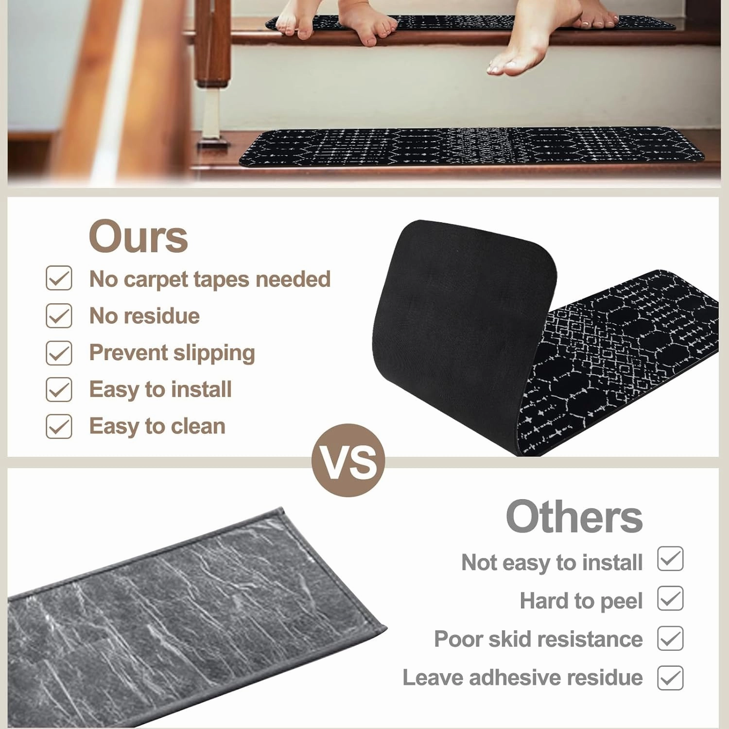 OJIA Stair Treads Non-Slip Landing Mat Indoor Stair Runners for Wooden Steps, Slip Resistant Stair Carpet Treads for Kids and Dogs, Rubber Backing Stair Rugs Mats 32"x32" Corner Square Matching Mat