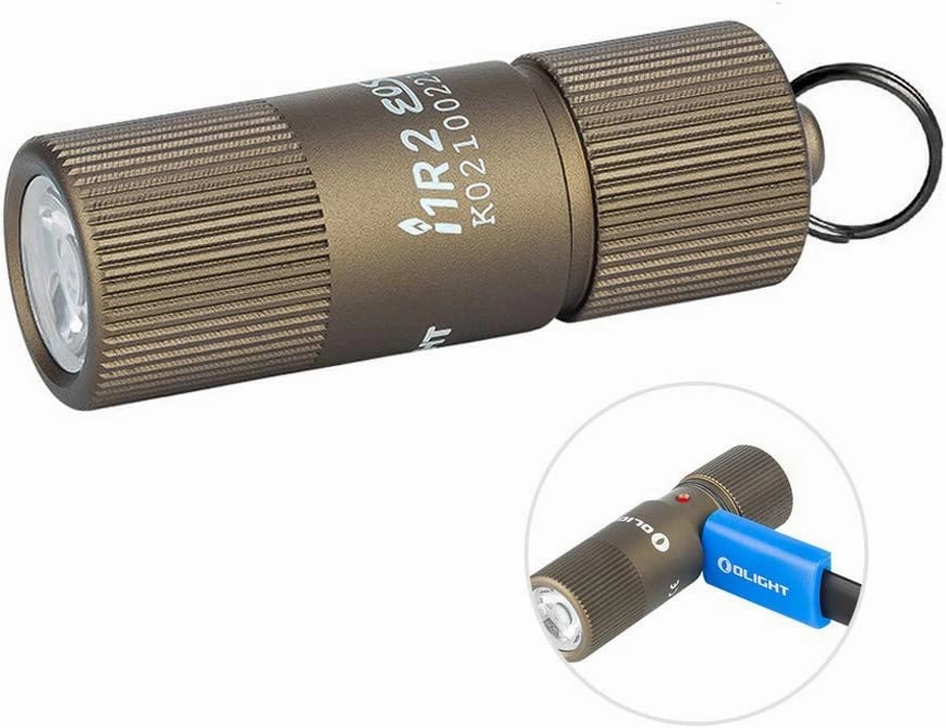 OLIGHT i1R 2 EOS 150 Lumens Tiny Rechargeable Keychain Flashlight EDC Mini LED Keyring Light with Built-in Battery for Camping Hiking Dog Walking etc (Desert Tan)