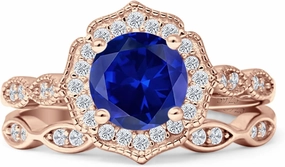 OMRANII Two Piece Round Shaped Halo Marquise Band Vintage Style Bridal Cubic Zirconia Floral Wedding Engagement Ring Solid 925 Sterling Silver
