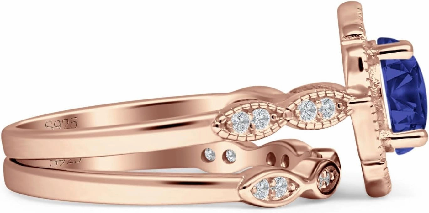 OMRANII Two Piece Round Shaped Halo Marquise Band Vintage Style Bridal Cubic Zirconia Floral Wedding Engagement Ring Solid 925 Sterling Silver