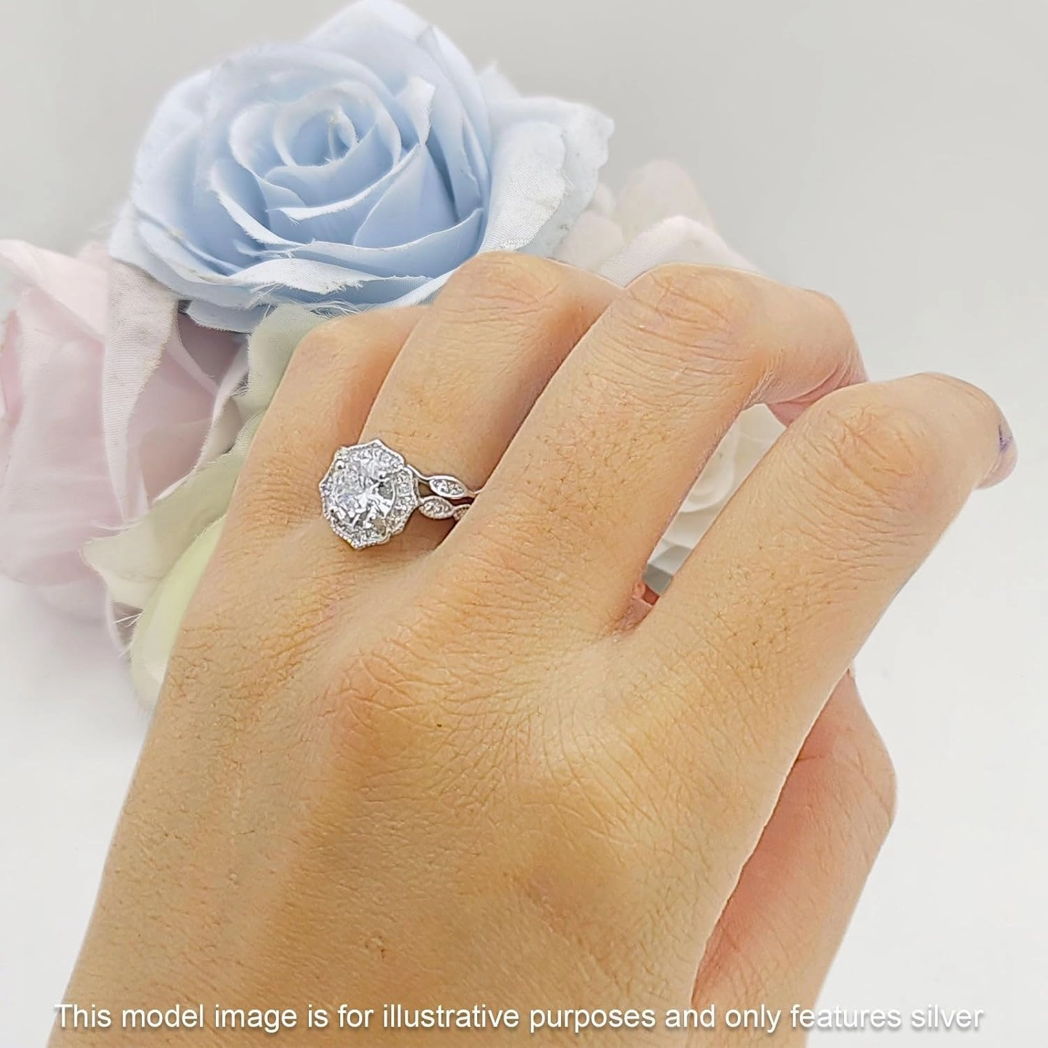 OMRANII Two Piece Round Shaped Halo Marquise Band Vintage Style Bridal Cubic Zirconia Floral Wedding Engagement Ring Solid 925 Sterling Silver