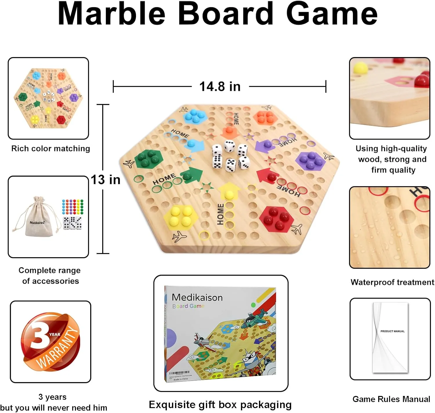 Original Marble Game Wahoo Board Game Double Sided Painted Wooden Fast Track Board Game for 6 and 4 Players 6 Colors 24 Marbles 6 Dice for Family Friends