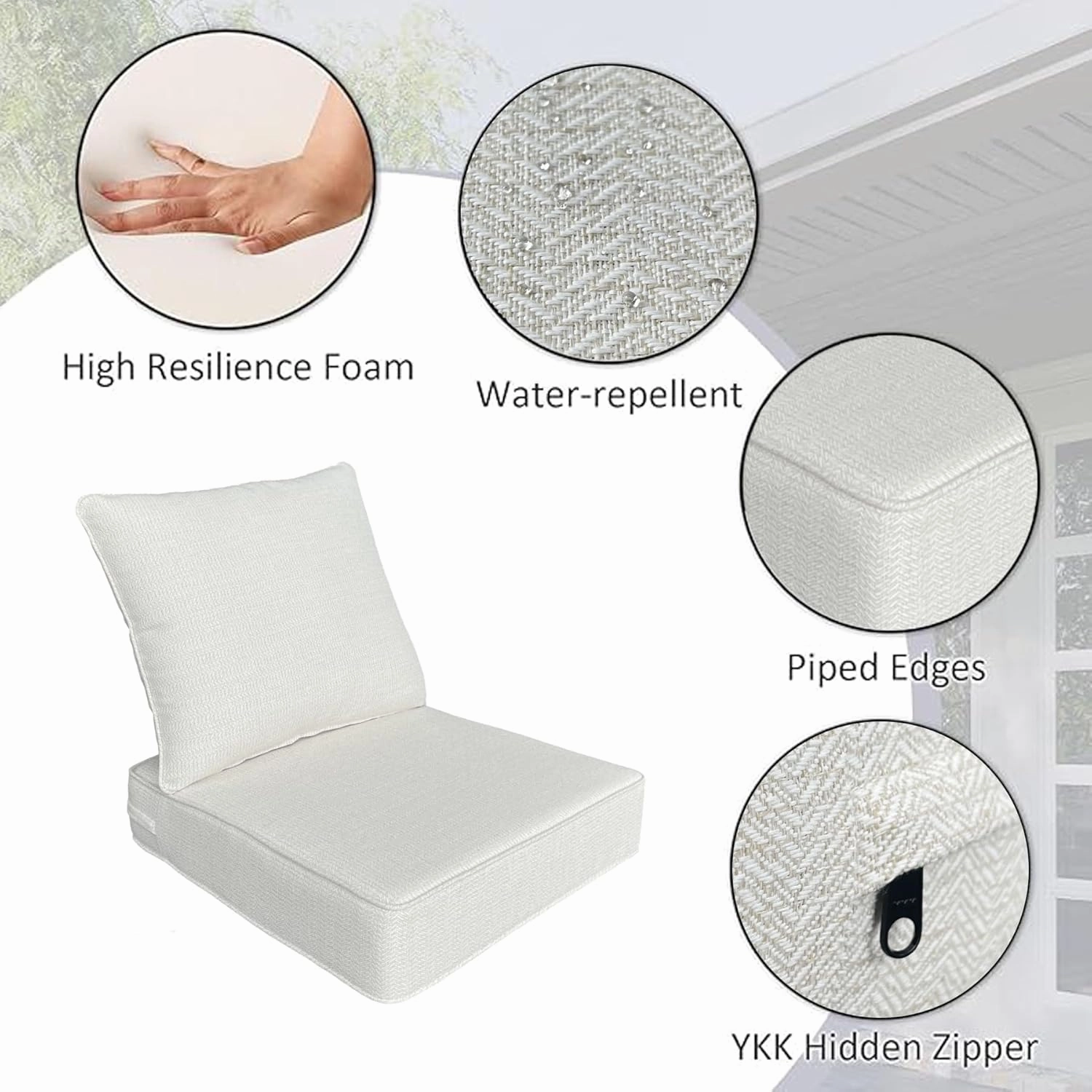Outdoor/Indoor 22x24 inch Deep Seat Patio Cushions Set of 2 Resilient Foam Filling Water Repellent Stain-Resistant UV Resistant Weather Resistant Patio Cushions Cream White Bamboo