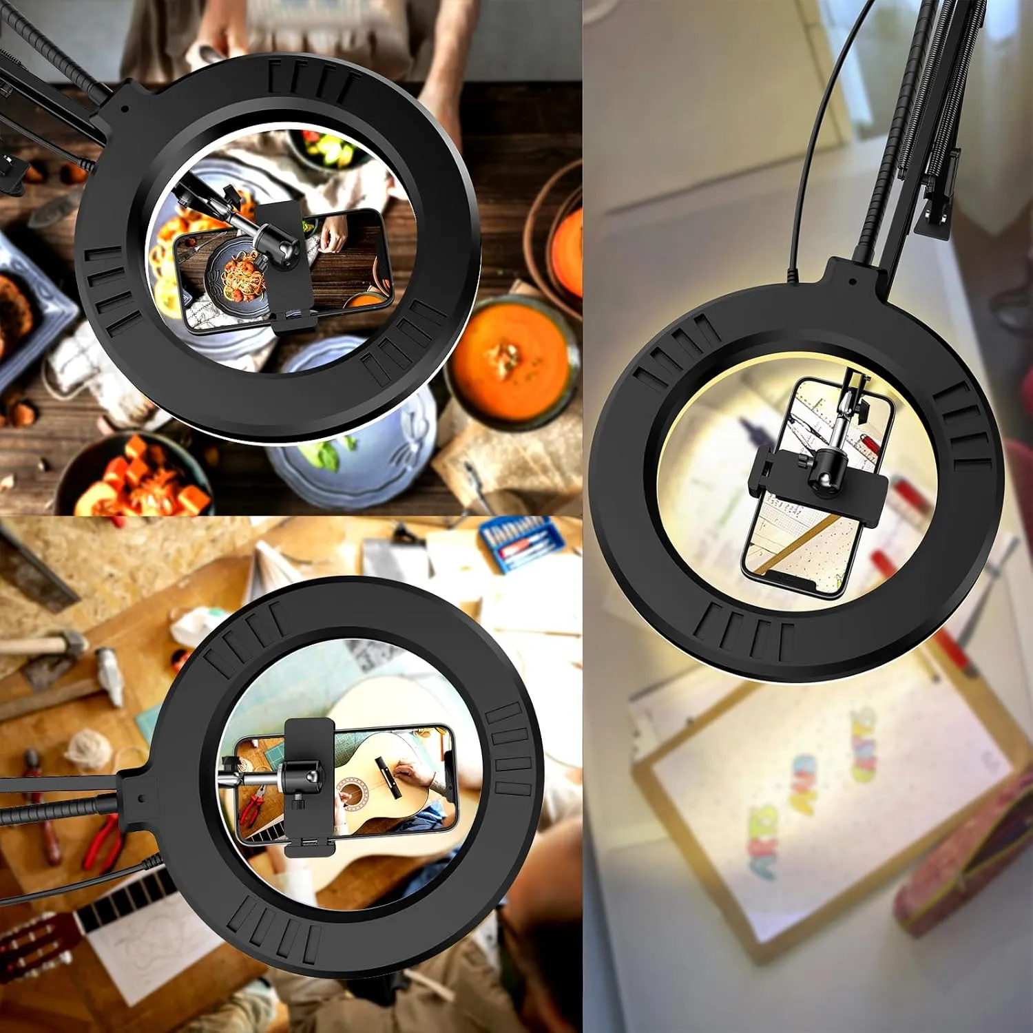 Overhead Camera Mount with Ring Light, 6‘’ Overhead Phone Mount Compatible with iPhone Camera Webcam, Articulating Arm Phone Mount for YouTube Live Stream Cooking Nail Video Recording