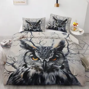 Owl Duvet Cover Cal King Size Set, 3D Bird Bedding Bedroom Decor, Comforter Cover & 2 Pillowcases 3 Pieces, Home Collection Quilt Cover