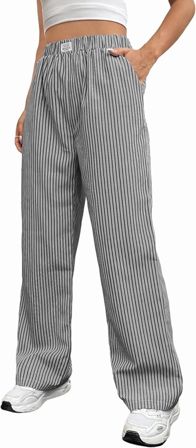 OYOANGLE Women's Straight Wide Leg Trousers Striped Print Letter Patched Detail High Waist Y2K Fashion Pants