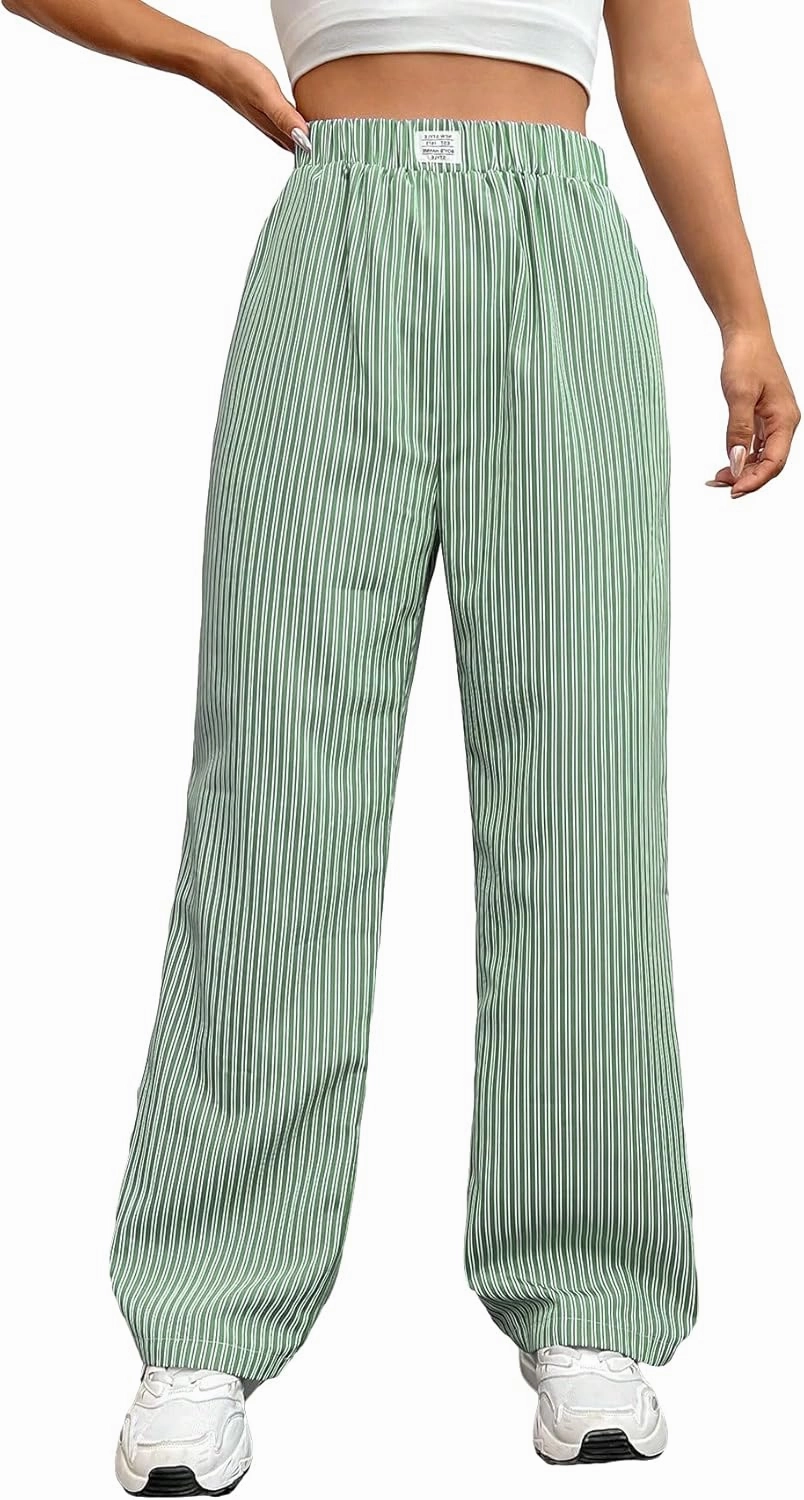 OYOANGLE Women's Straight Wide Leg Trousers Striped Print Letter Patched Detail High Waist Y2K Fashion Pants