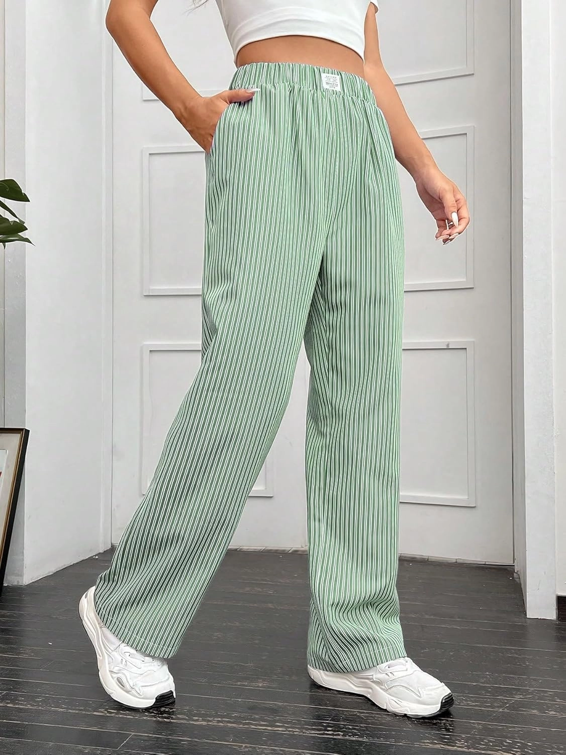 OYOANGLE Women's Straight Wide Leg Trousers Striped Print Letter Patched Detail High Waist Y2K Fashion Pants