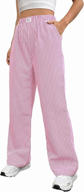 OYOANGLE Women's Straight Wide Leg Trousers Striped Print Letter Patched Detail High Waist Y2K Fashion Pants