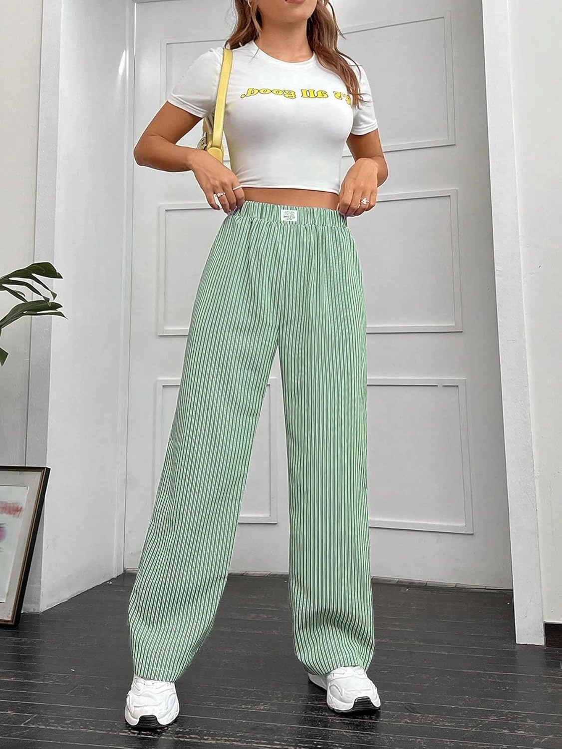 OYOANGLE Women's Straight Wide Leg Trousers Striped Print Letter Patched Detail High Waist Y2K Fashion Pants