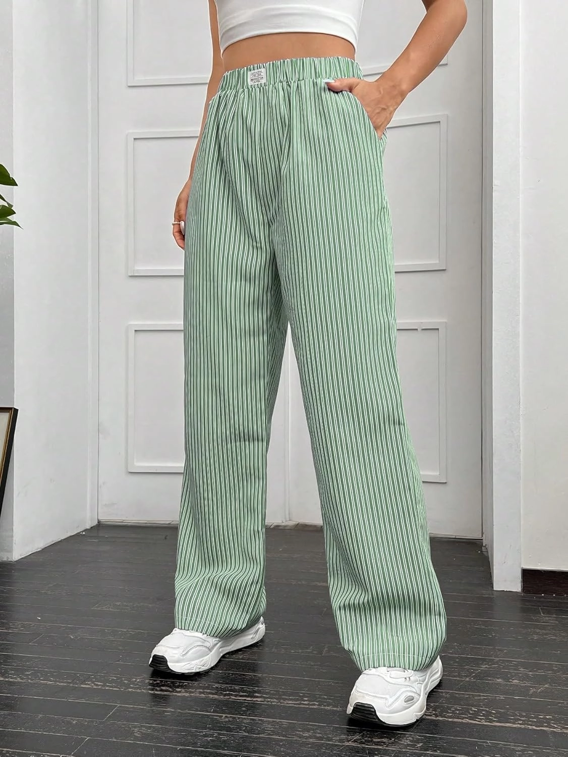 OYOANGLE Women's Straight Wide Leg Trousers Striped Print Letter Patched Detail High Waist Y2K Fashion Pants