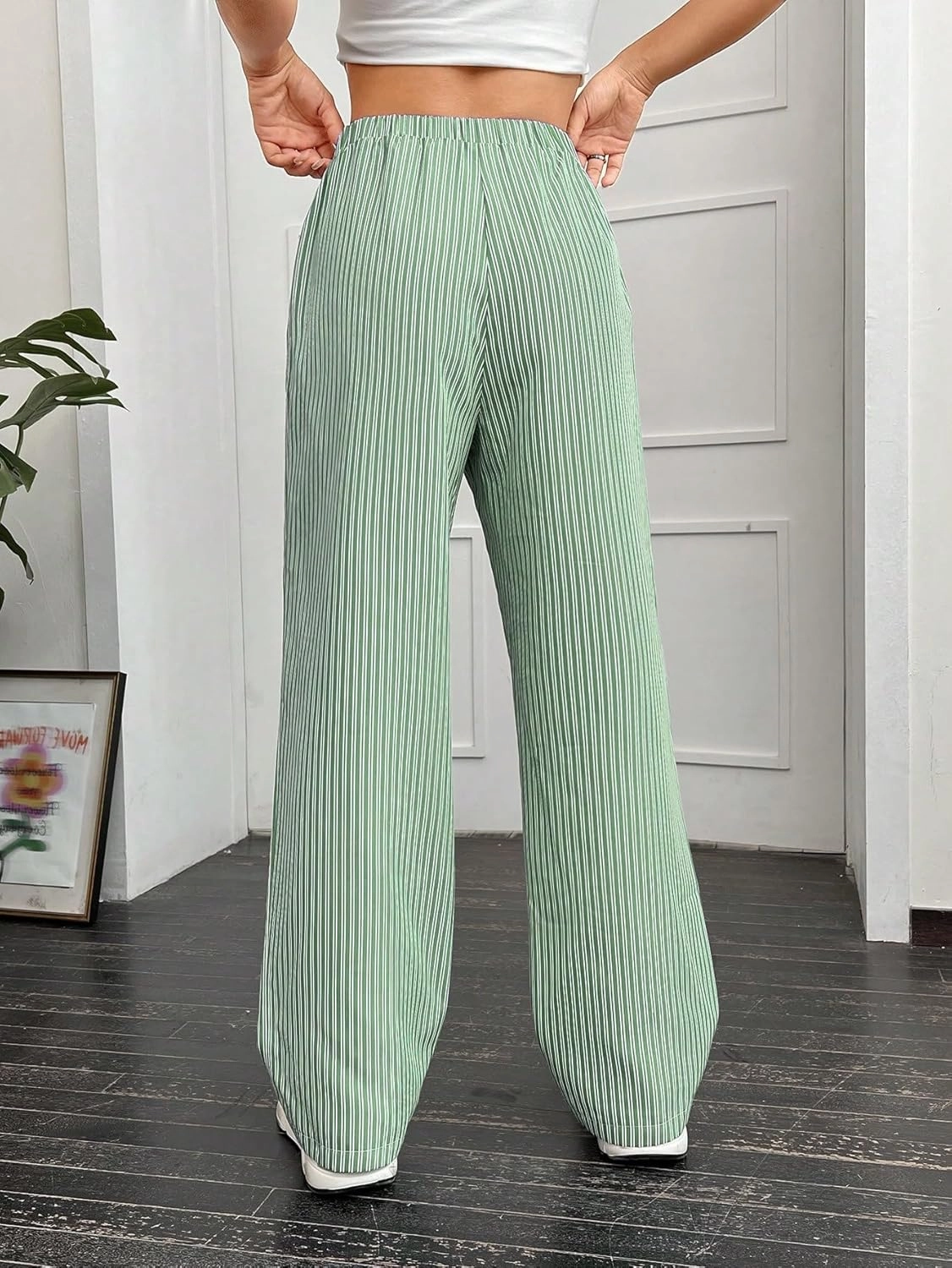 OYOANGLE Women's Straight Wide Leg Trousers Striped Print Letter Patched Detail High Waist Y2K Fashion Pants