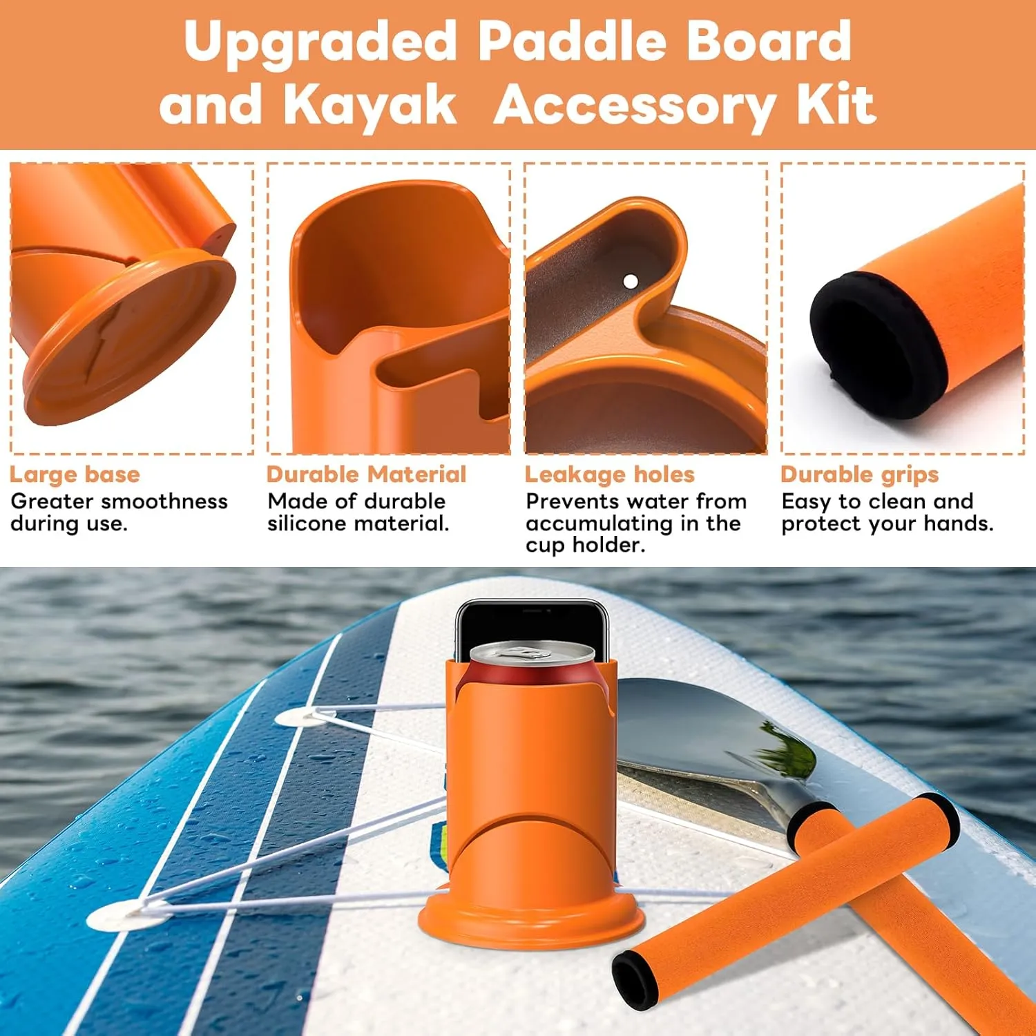 Paddle Board and Kayak Cup Holder, Paddle Grips, Paddle Board and Kayak Accessories Kit (Orange)