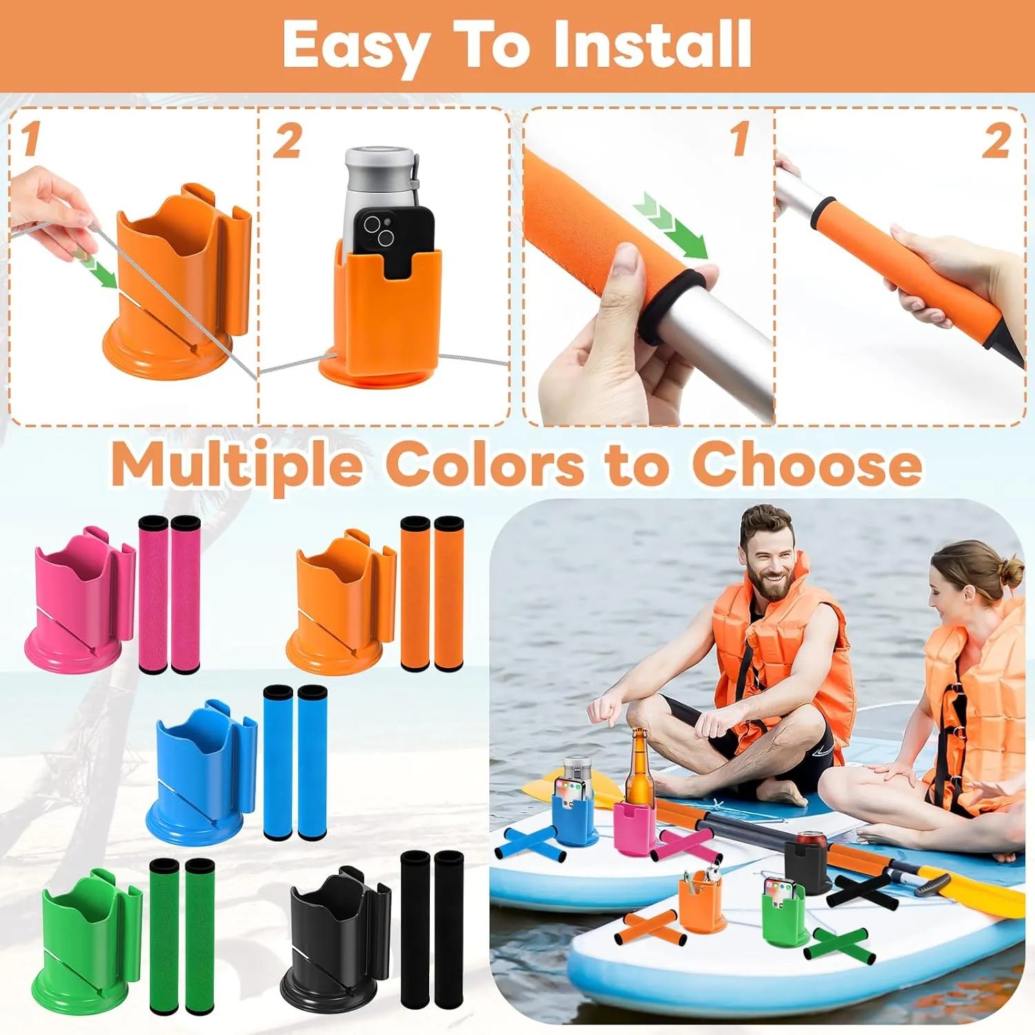 Paddle Board and Kayak Cup Holder, Paddle Grips, Paddle Board and Kayak Accessories Kit (Orange)