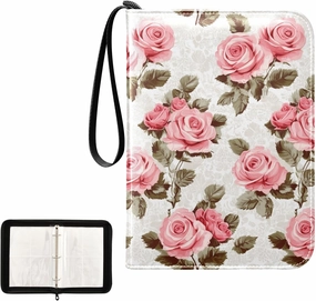 Painting Roses Leaf Card Binder 4 Pocket, Trading Card Holder Fits 400 Game Cards with 50 Removable Sleeves, MTG Card Case Standard Size