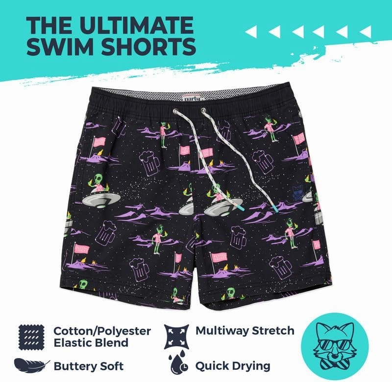 Party Pants USA Men’s Swim Trunks, Characters, Stretch Swimming Board Shorts, 5.5” Inseam