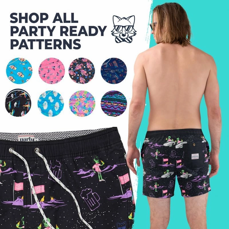 Party Pants USA Men’s Swim Trunks, Characters, Stretch Swimming Board Shorts, 5.5” Inseam