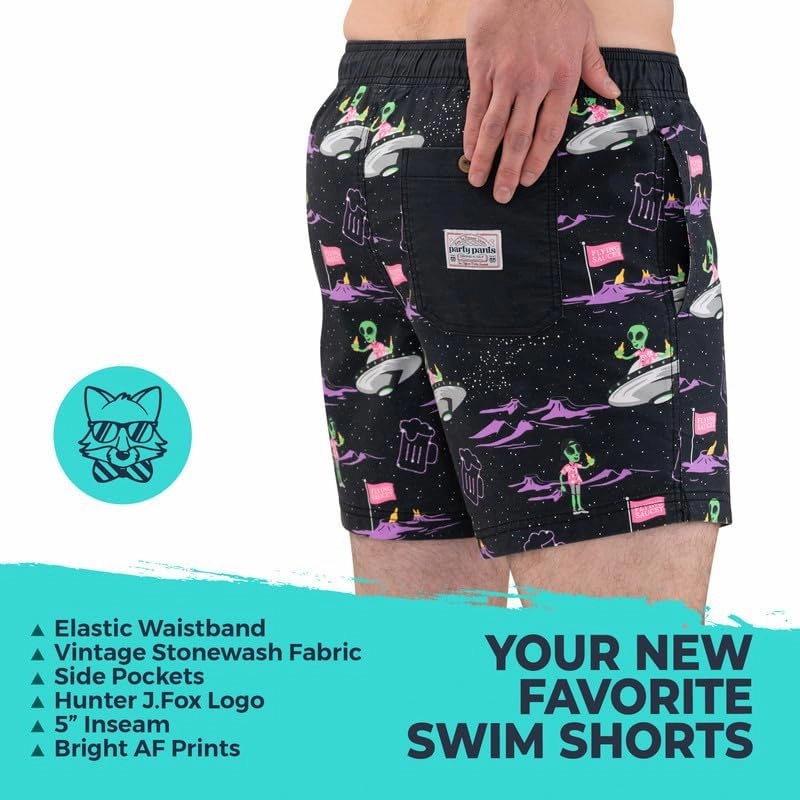 Party Pants USA Men’s Swim Trunks, Characters, Stretch Swimming Board Shorts, 5.5” Inseam