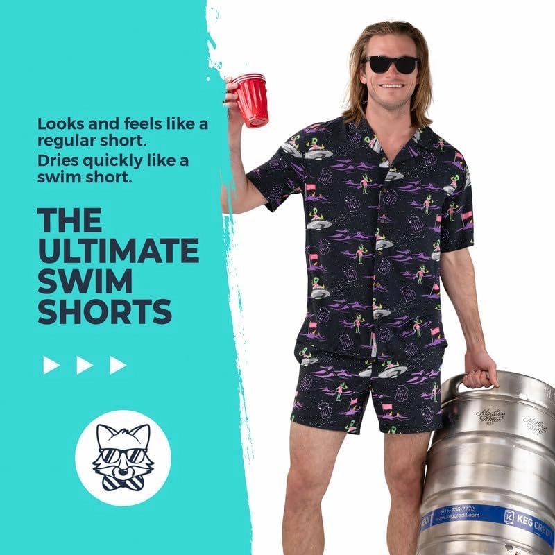 Party Pants USA Men’s Swim Trunks, Characters, Stretch Swimming Board Shorts, 5.5” Inseam