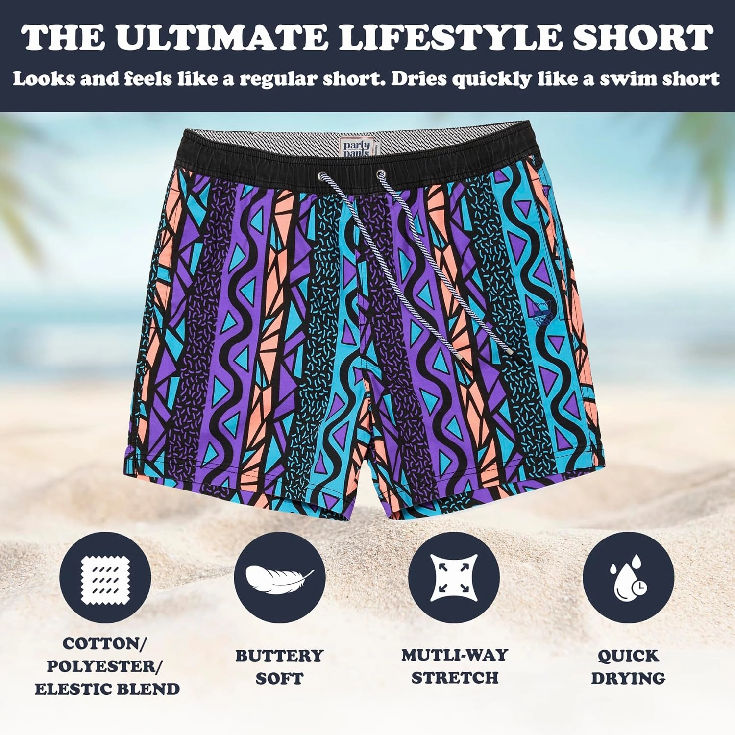 Party Pants USA Men’s Swim Trunks, Characters, Stretch Swimming Board Shorts, 5.5” Inseam
