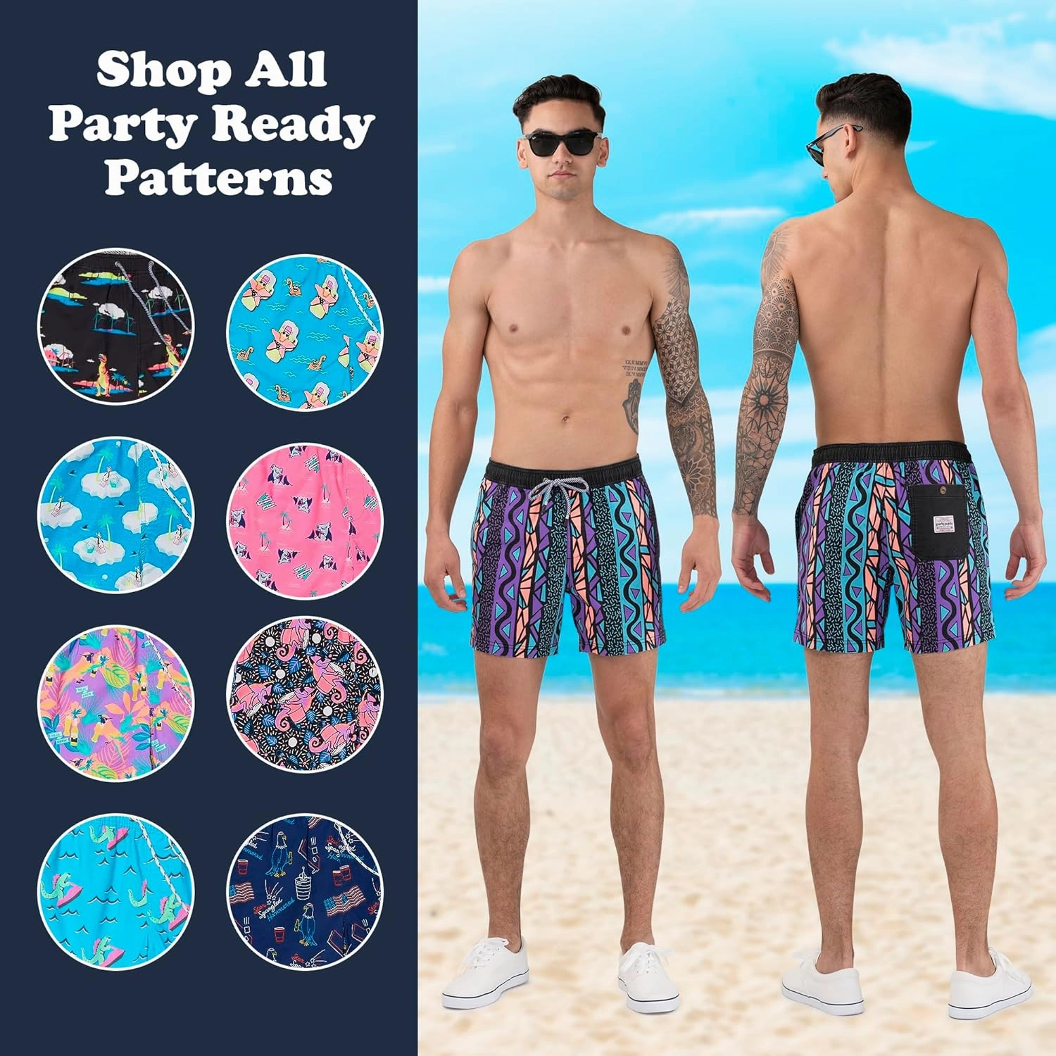 Party Pants USA Men’s Swim Trunks, Characters, Stretch Swimming Board Shorts, 5.5” Inseam